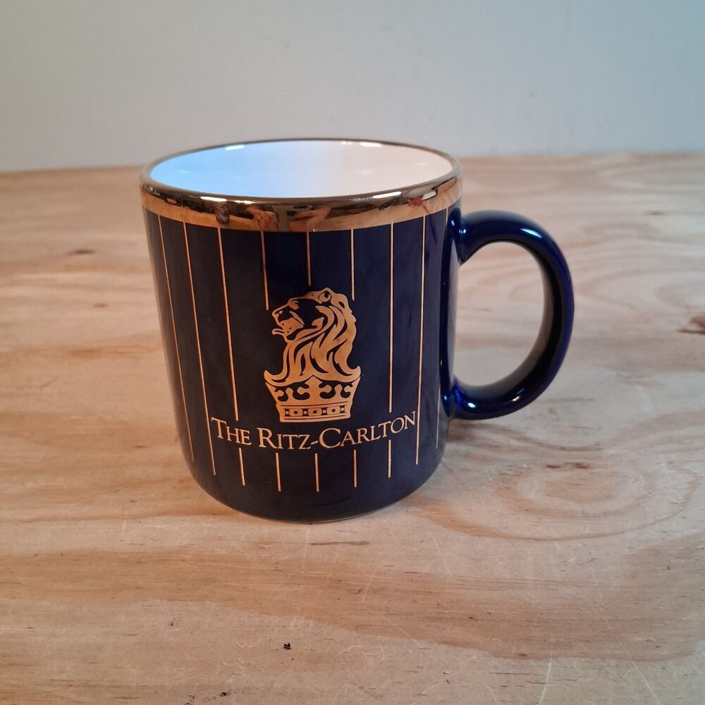 The Ritz Carlton Luxury Hotel Coffee Mug Cobalt Blue 22K Gold Lion Crown Logo